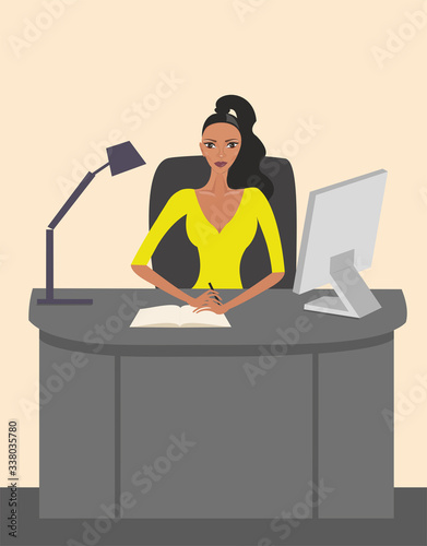 Secretary assistant vector illustration. Young businesswoman conducts an interview. Creative modern vector illustration.