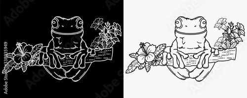 illustration of a frog sitting on a piece of wood, monoline design