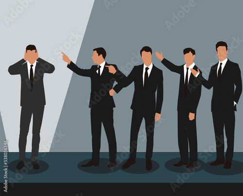 vector illustration of crowd people bullying and mocking person pointing hand on individual