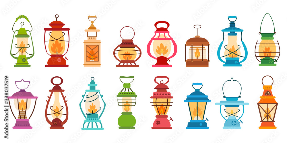 Camping lantern set. Vector of camping equipment.