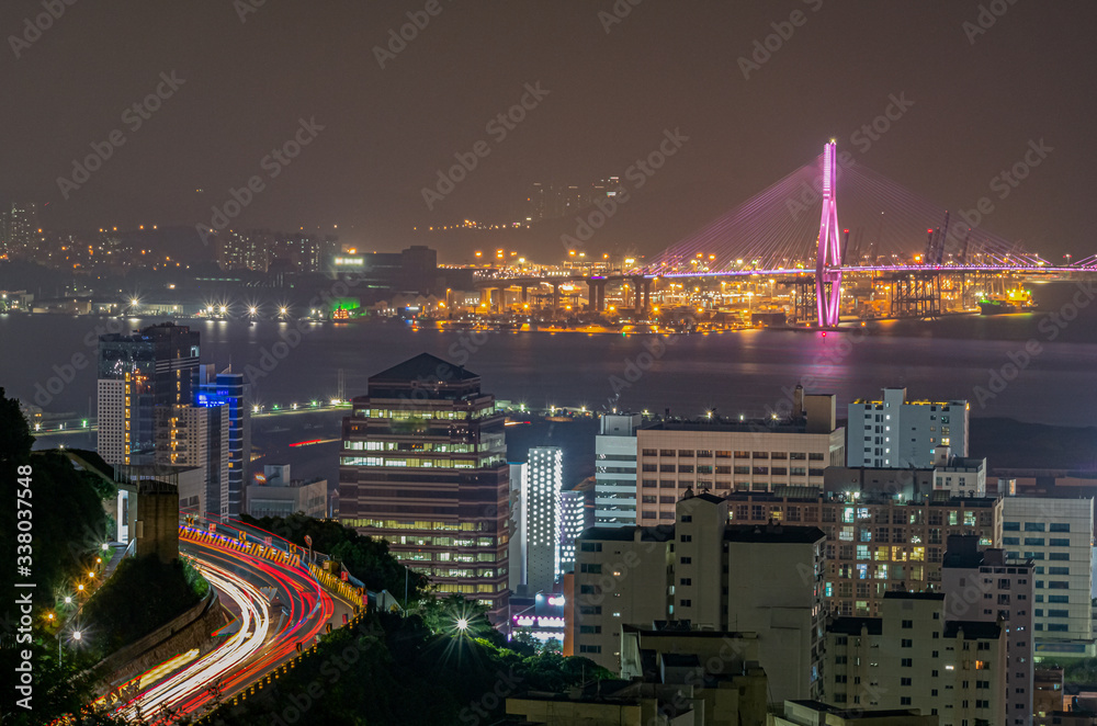 The night view of Bukhang Bridge and the city in Busan, South Korea