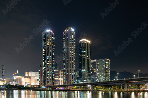 The skyscraper and the night view of the city in Haeundae  Busan  South Korea