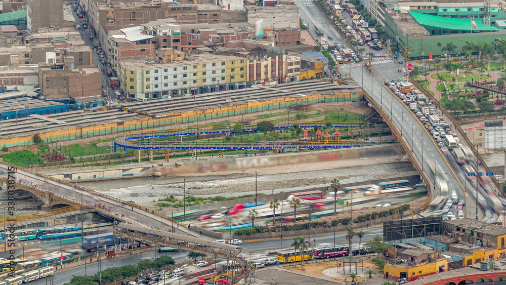 Aerial view of Lima skyline timelapse near Plaza de Toros de Acho bullring from San Cristobal hill. Aerial view of Lima skyline timelapse near Plaza de Toros de Acho bullring from San Cristobal hill.