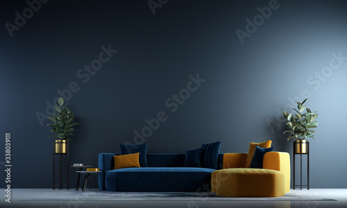 Modern interior of living room design and blue wall background photo