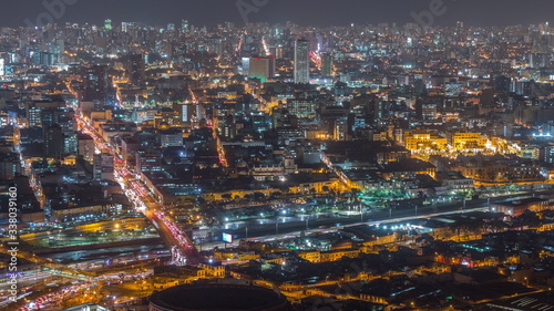 Aerial view of Lima skyline night timelapse from San Cristobal hill.