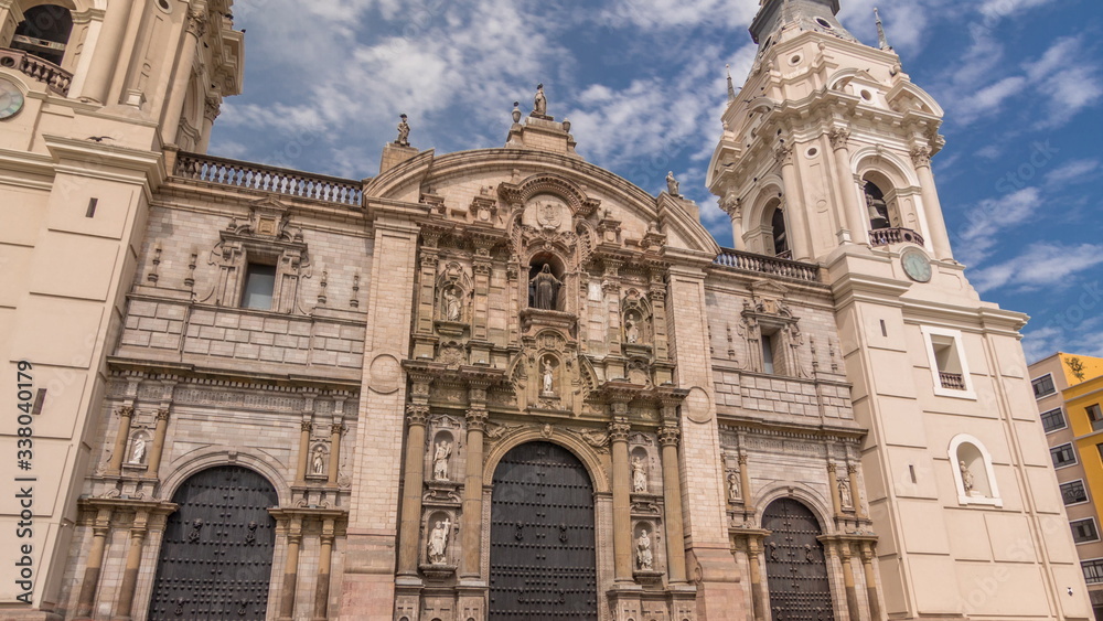 The Basilica Cathedral of Lima is a Roman Catholic cathedral located in the Plaza Mayor timelapse hyperlapse in Lima, Peru