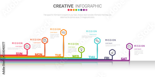 Timeline business for 7 day, 7 options, Timeline infographics design vector and Presentation business can be used for Business concept with 7steps or processes.  photo