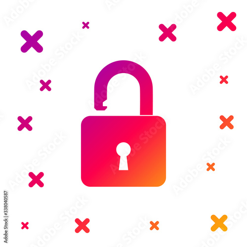 Color Open padlock icon isolated on white background. Opened lock sign. Cyber security concept. Digital data protection. Safety safety. Gradient random dynamic shapes. Vector Illustration