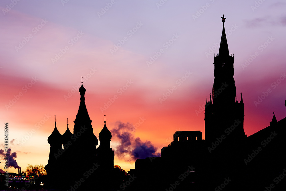 Silhouette of the Moscow Kremlin at Sunrise. Contour light