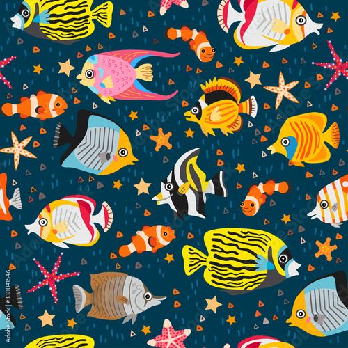 A seamless pattern with exotic tropical fishes