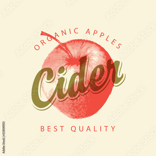 Vector banner or label for Apple cider with a realistic image of red apple and calligraphic inscription in retro style on the light background
