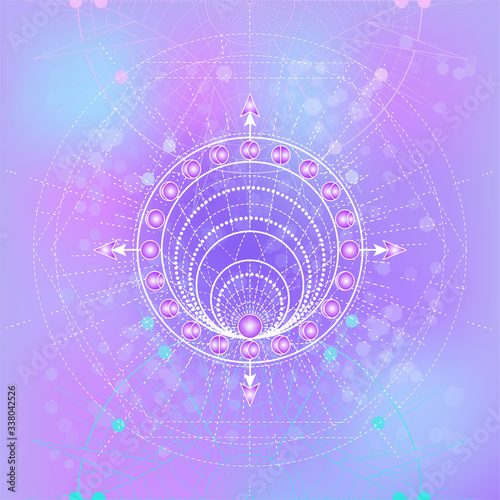 Vector illustration of Sacred geometry symbol on abstract background. Mystic sign drawn in lines. Image in purple color.