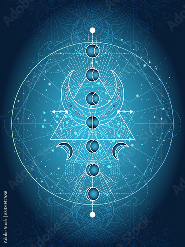 Vector illustration of Sacred geometry symbol on abstract background. Mystic sign drawn in lines. Image in blue color. 