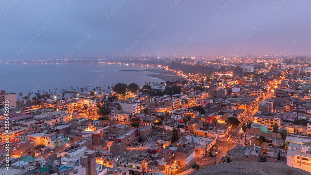 Panoramic skyline of Lima city from above with many buildings aerial night to day transition timelapse. Lima, Peru