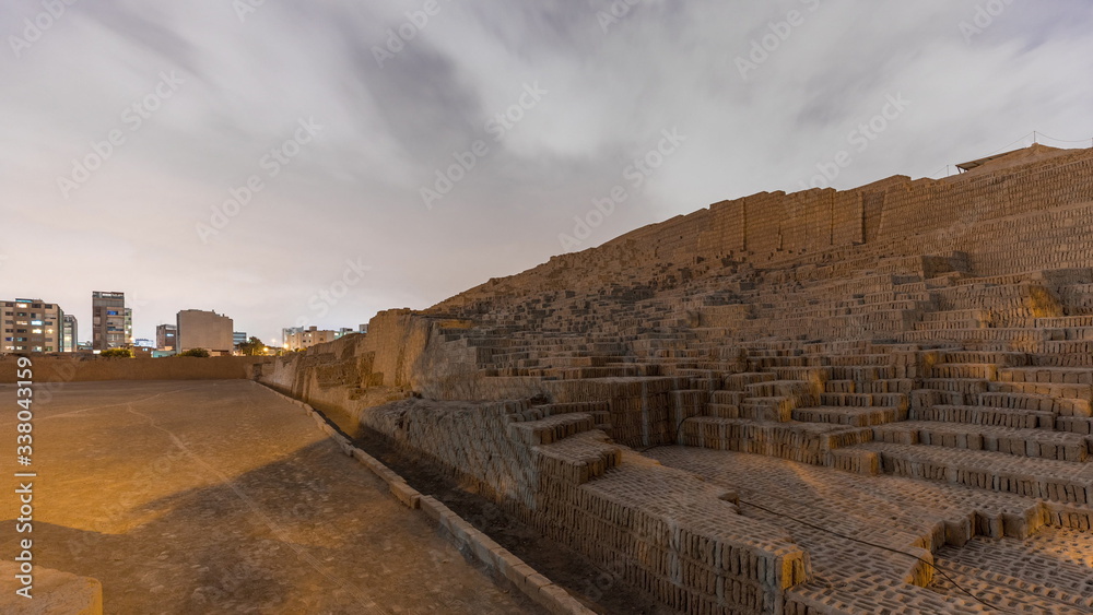 Pyramid of Huaca Pucllana day to night timelapse, pre Inca culture ceremonial building ruins in Lima, Peru