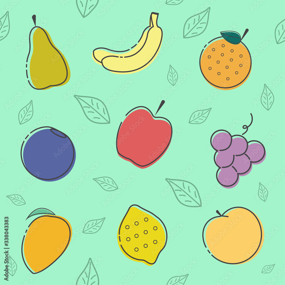 Seamless pattern of fruits: blueberry, pear, banana,  peach, grape, orange, lemon, Apple, mango. Green background. Vector print.