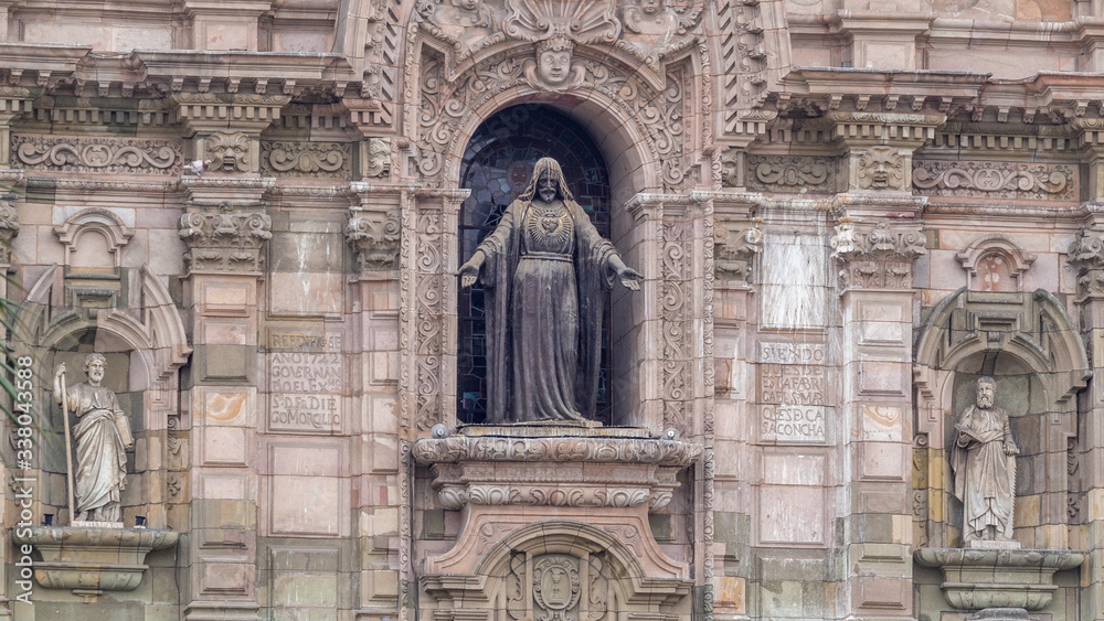 Staue on The Basilica Cathedral of Lima is a Roman Catholic cathedral located in the Plaza Mayor timelapse hyperlapse in Lima, Peru