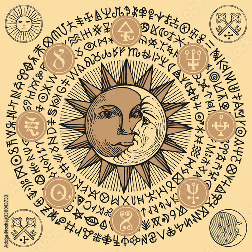 Vector illustration with Sun, crescent Moon and alchemical symbols in retro style on the beige background. Hand-drawn banner with esoteric signs and magic runes written in a circle