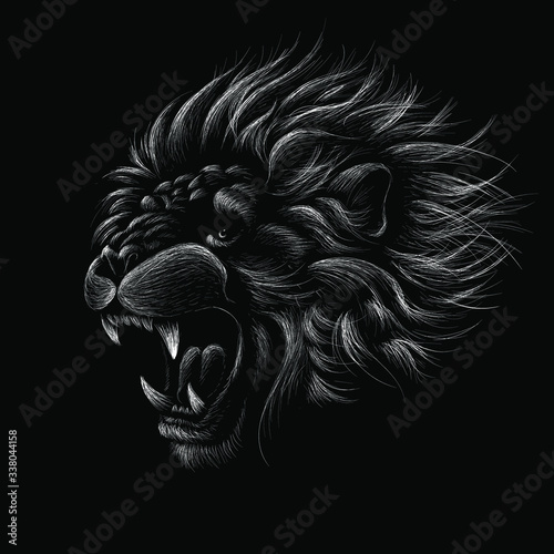 The Vector logo lion for tattoo or T-shirt print design or outwear.  Hunting style lions background. This hand drawing would be nice to make on the black fabric or canvas.