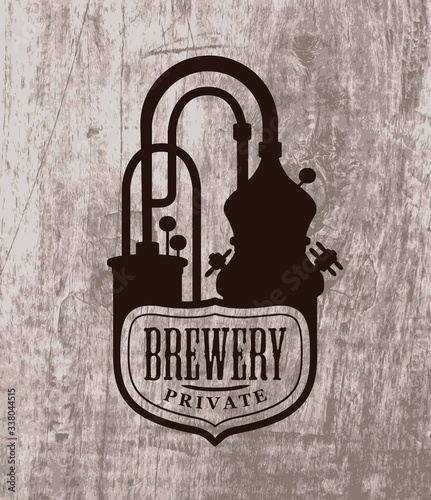 Vector banner with a Private Brewery logo printed on a wooden background in retro style. Suitable for bar, pub, brasserie, beer house, brewing company, tavern, restaurant. Craft beer production
