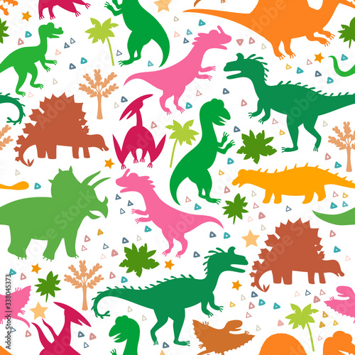 Childish pattern with silhouettes a cute dinosaurs © Pictulandra