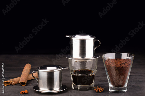 Coffee set for cooked coffee preparation with cinnamon sticks