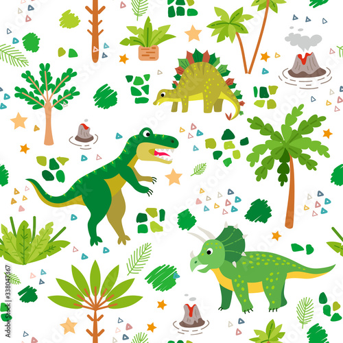 Fototapeta Naklejka Na Ścianę i Meble -  A Childish dinosaurs and tropical leaves pattern