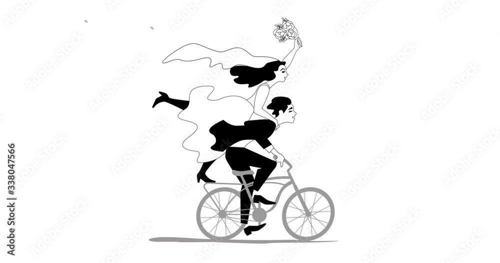 Just married happy couple bride and groom riding bicycle with flower bouquet. 2d, animation, cartoon, illustration, clip art, vector. Web page sign in black and white. Alpha channel. Time lapse.