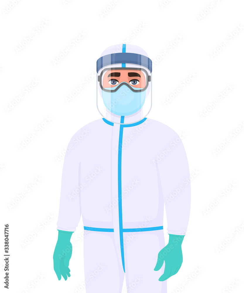 Doctor in protective suit and respirator. Medical staff or surgeon wearing PPE with face shield, latex gloves. Physician covering with mask, goggles to protect from virus. Vector cartoon illustration. Doctor in protective suit and respirator. Medical staff or surgeon wearing PPE with face shield, latex gloves. Physician covering with mask, goggles to protect from virus. Vector cartoon illustration.
