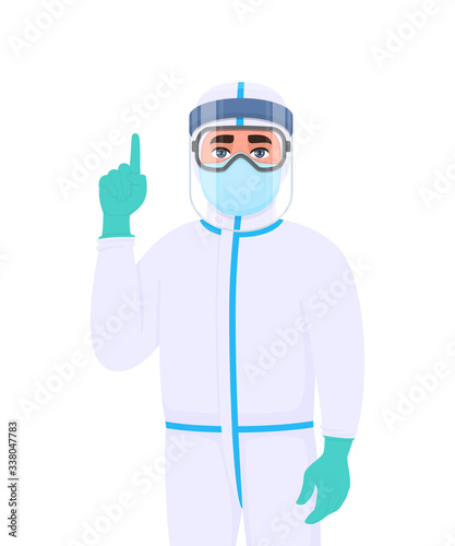 Doctor in protective suit pointing finger up. Medical staff wearing face shield, latex gloves and gesturing hand. Physician covering with mask, goggles. Corona virus epidemic. Cartoon illustration.