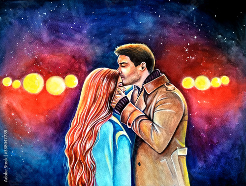 Soulful illustration. The guy kisses the girl's forehead on the background of bright lights.