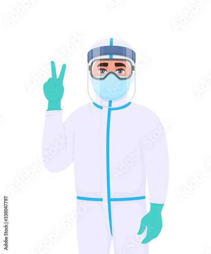 Doctor in protective suit showing victory, peace gesture sign. Medical staff wearing face shield, gloves and gesturing hand. Physician covering with mask, goggles. Corona virus epidemic illustration.