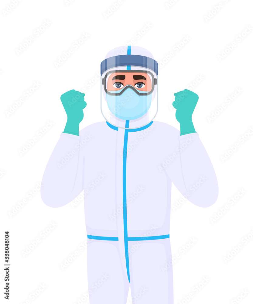 Doctor in protective suit showing raised hand fist sign. Medical person wearing face shield and gesturing success. Physician covering with mask, googles. Corona virus epidemic. Cartoon illustration.