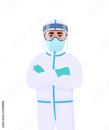 Doctor in protective suit keeping crossed arms. Medical person wearing face shield, latex gloves. Physician covering full body safety elements. Corona virus epidemic. Cartoon illustration in vector.