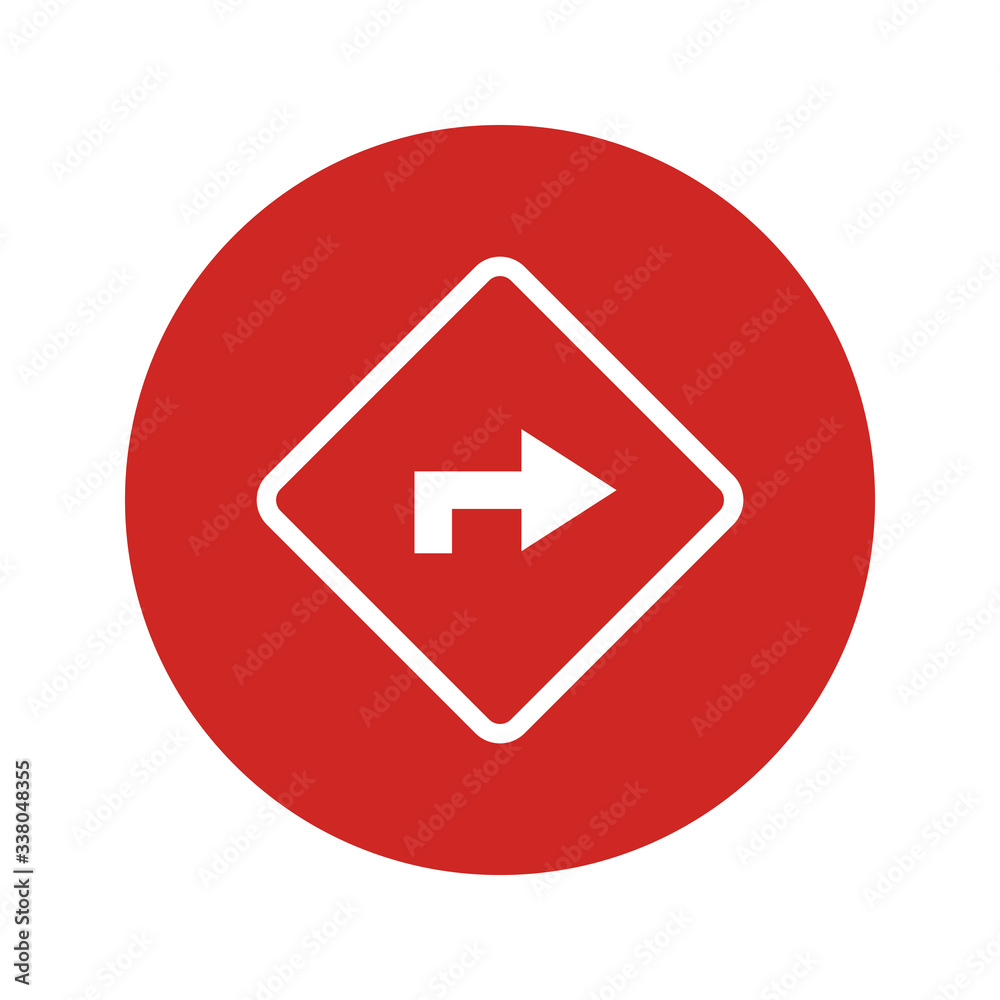Turn traffic sign. Advice of curve ahead. Road caution symbol. Be aware of curve on the road. Single flat vector icon. Simple clear design. Negative with circle background. User Interface element, Turn traffic sign. Advice of curve ahead. Road caution symbol. Be aware of curve on the road. Single flat vector icon. Simple clear design. Negative with circle background. User Interface element,