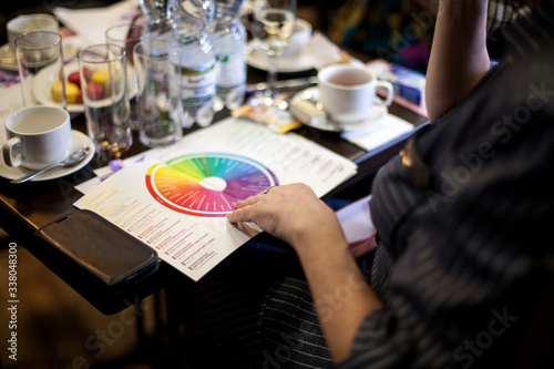 woman looking at colourful circle of essences sitting at the table