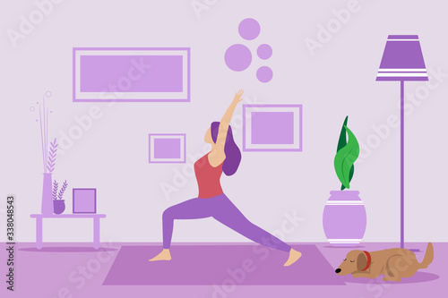 Girl doing exercise at home in a living room on a yoga mat. Sporty female model exercising, yoga at home. Keep calm during quarantine concept vector illustration. Dog sleeping on the floor
