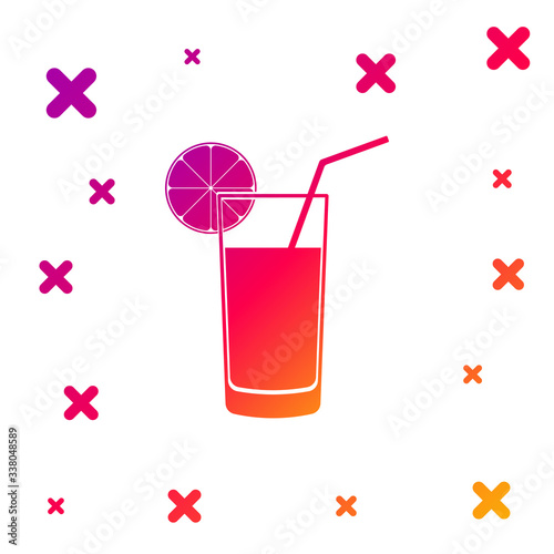 Color Glass of juice icon isolated on white background. Orange slice and tube for drinking. Healthy organic food. Gradient random dynamic shapes. Vector Illustration