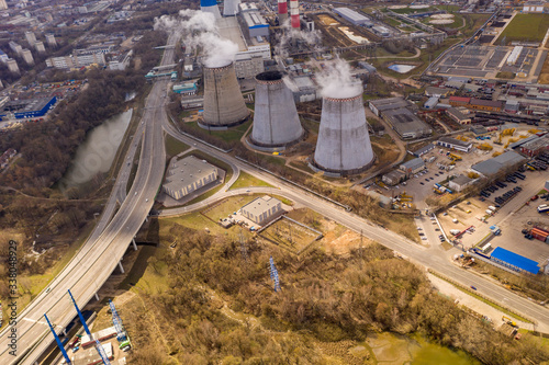 industrial panoramic landscape with chimneys filmed from a drone