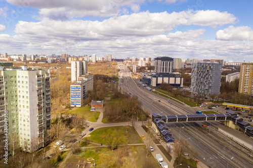 urban panoramic views with motorways and buildings taken from a drone