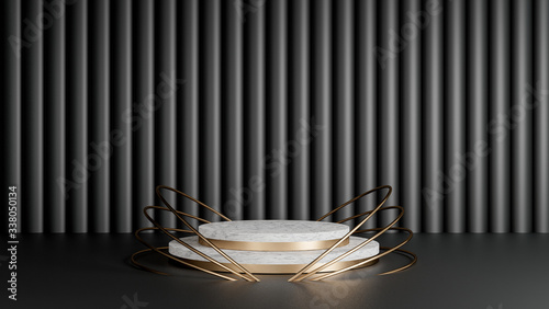 3d render of minimal style polygon with white marble and golden shape.Abstract isolated background concept.