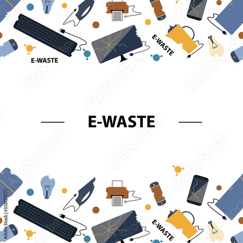 Template for text. Flat design style colorful illustration. E-waste sorting and recycling. Electrical waste symbols collection -  computer; phone; kettle; printer; monitor; broken glass; iron, battery