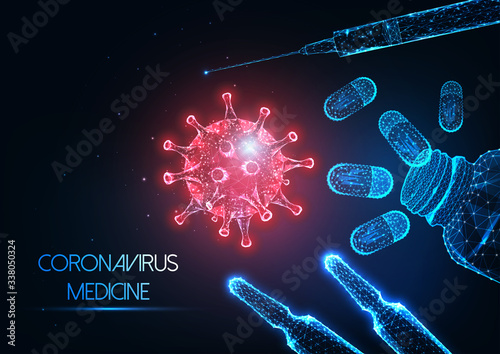 Futuristic antiviral coronavirus covid-19 medicine concept with virus, vaccine, pills and syringe