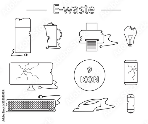 Line style icon collection - black and white e-waste elements. Electrical waste symbols collection -  computer; phone; kettle; printer; monitor; broken glass; iron, battery, keyboard, light bulb.
 photo