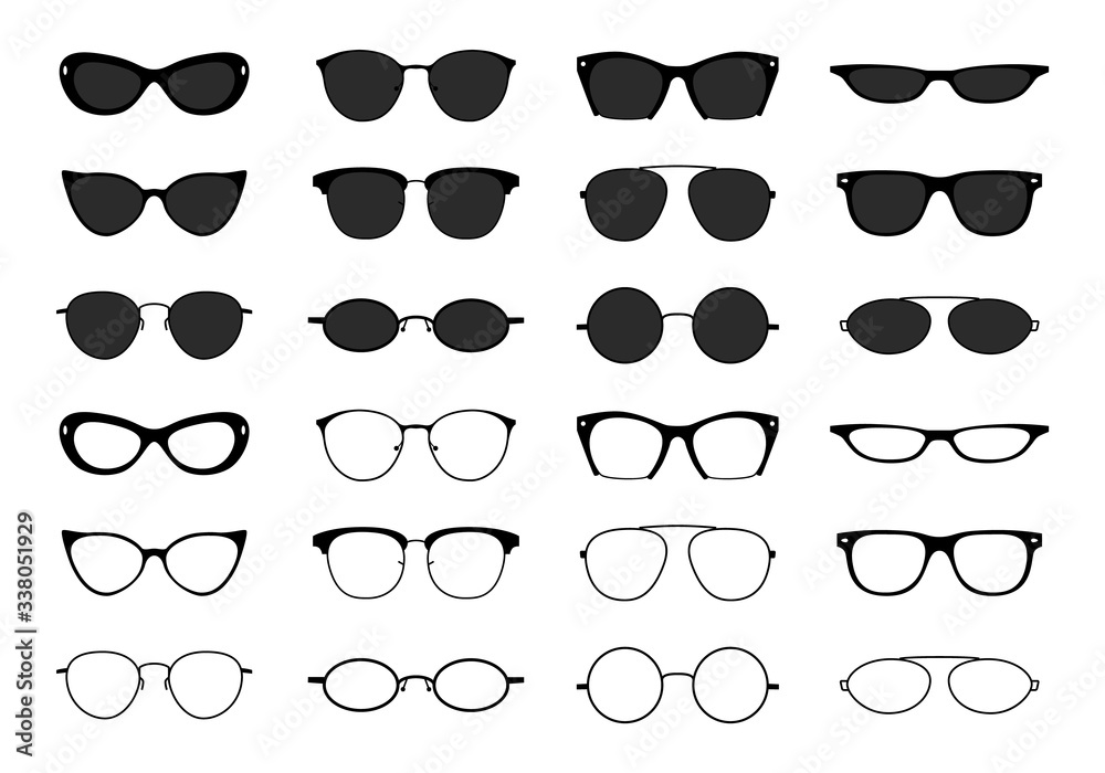 Glasses collection. Geek eyeglasses and sunglasses. Black spectacles silhouette. Vector fashion optical eyewear shapes icon set - obrazy, fototapety, plakaty 