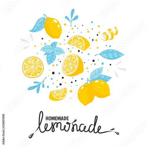 Homemade lemonade hand drawn typography. Summer natural cold cocktail with lemon. Vector handmade drink sketch lemon illustration sticker