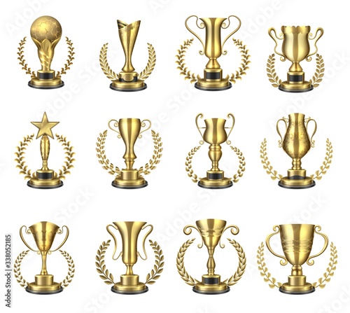 Golden trophy cups. Gold goblets and figures with laurel wreath, cup for champion. Vector realistic sports prize or business awards, football star victories trophies