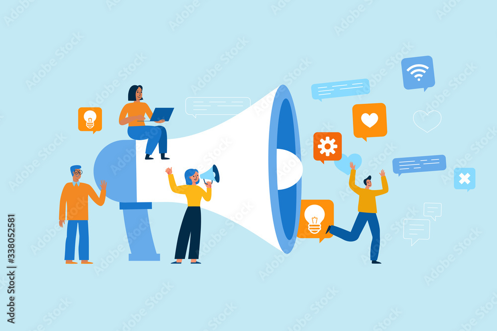 Vector illustration in flat simple style with characters - influencer marketing concept and referral loyalty program Vector illustration in flat simple style with characters - influencer marketing concept and referral loyalty program