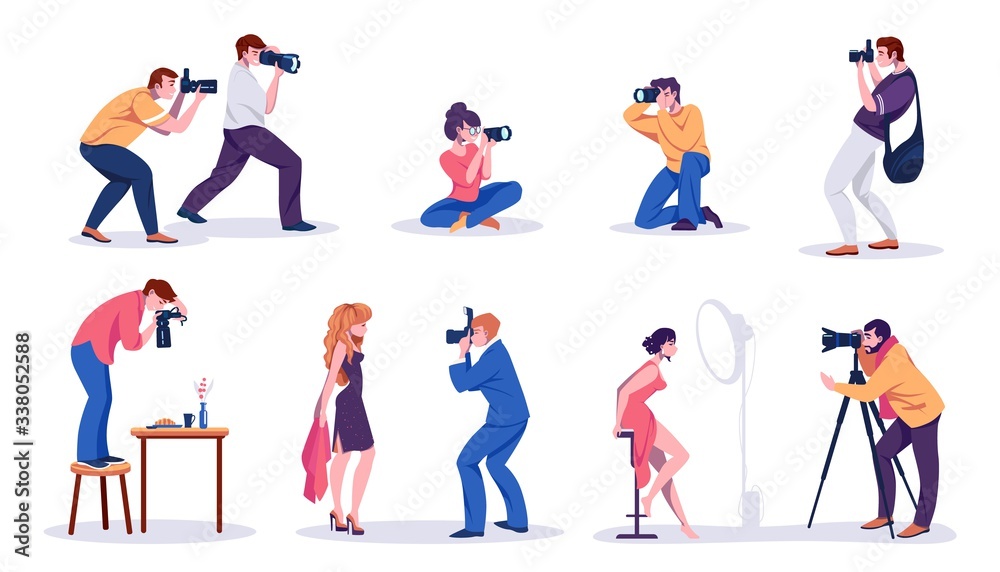 Photographers and models. Paparazzi, bloggers, journalists and professional photographers shooting photos and posing at camera. Vector illustration professionals content making concept