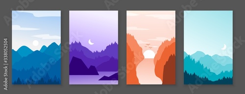 Mountains posters. Rocky mountains and snowy peaks, banners with cartoon nature outdoor backdrop. Vector graphic illustration abstract mountain vertical landscape set